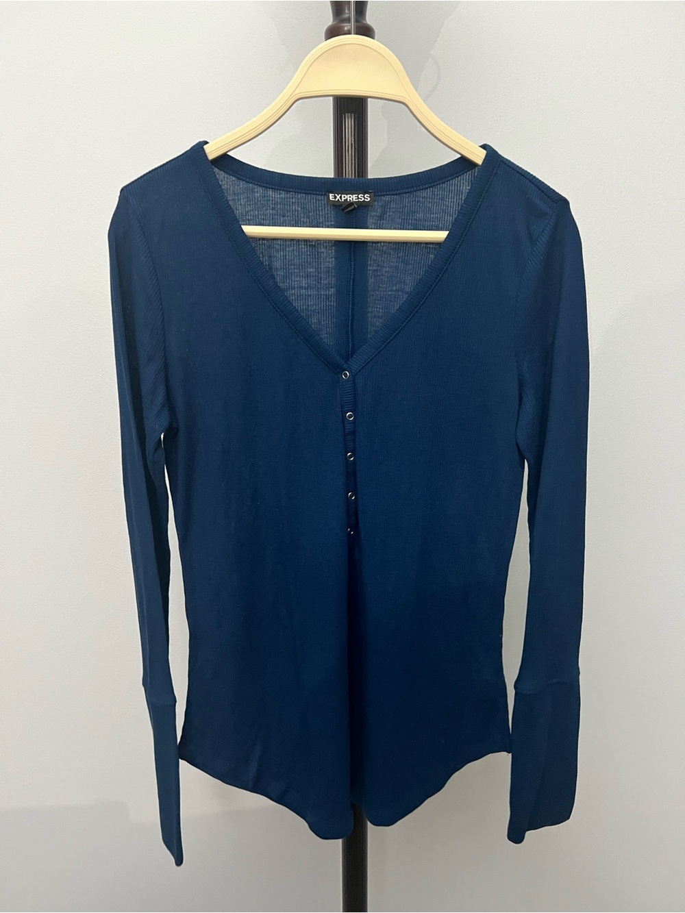 Express Women's Navy Ribbed Henley V-Neck Long Sleeve Top
